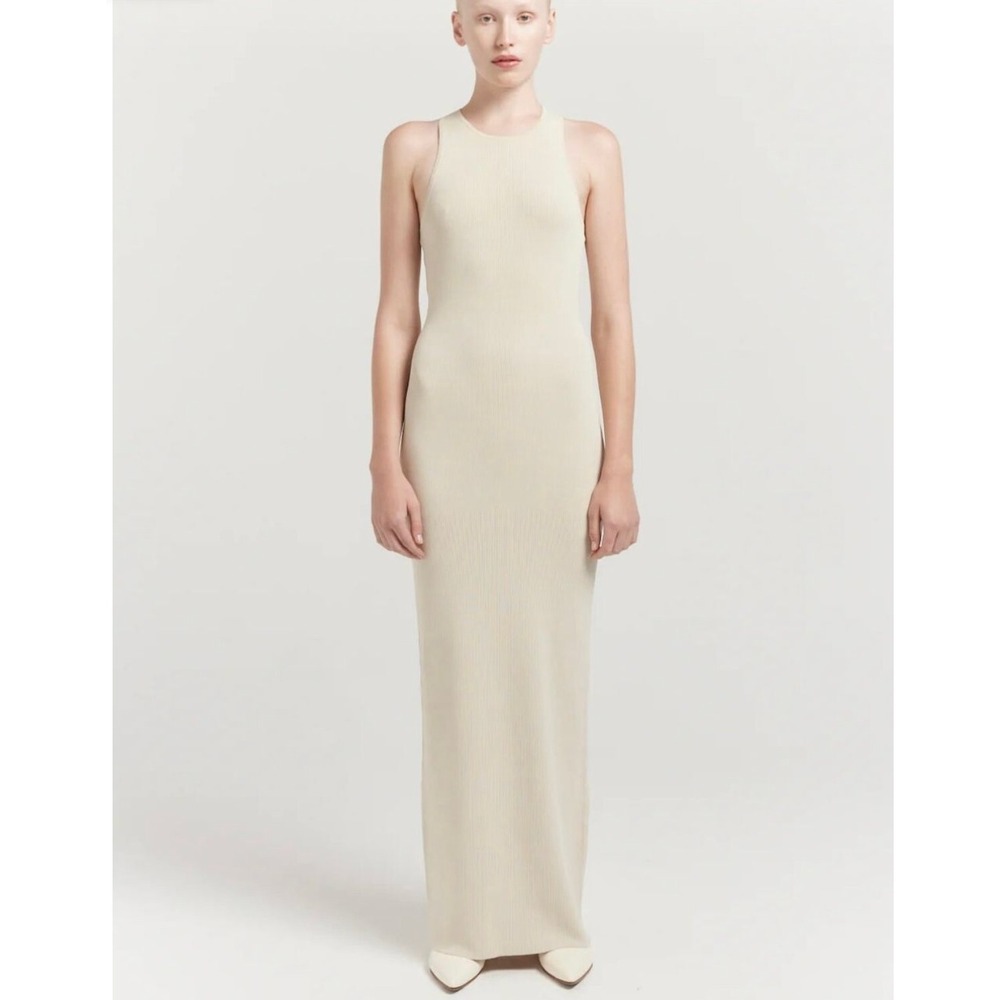 Henne Tosca‎ Ribbed Knit Maxi Dress Beige Cross Back Cutout Size 8